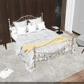 Ornate Metal Double Bed With Patterned Quilt Yellow Blanket Nightstand Lamp Large Window Sea View