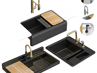 Black Kitchen Sink With Double Bowl Gold Faucet And Wooden Draining Board 3d model