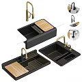 Black Kitchen Sink With Double Bowl Gold Faucet And Wooden Draining Board