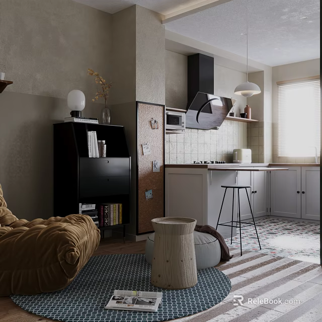 Modern Living And Dining Room Interior With Sofa Dining Table Stylish Lighting And Decor 3d model 