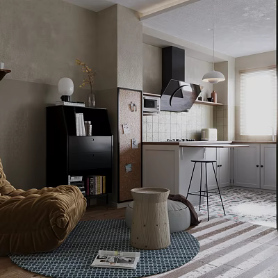 Modern Living And Dining Room Interior With Sofa Dining Table Stylish Lighting And Decor 3d model