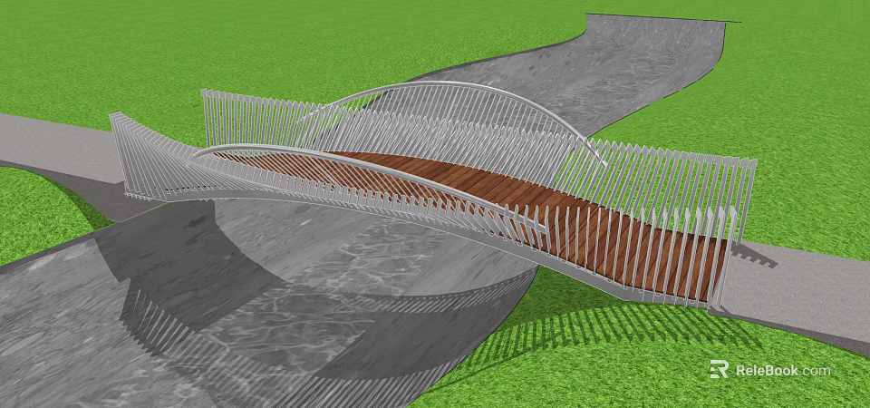 Modern Bridge With Metal Railings And Wooden Deck Over Green Grass And Water 3d model 