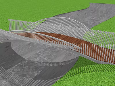 Modern Bridge With Metal Railings And Wooden Deck Over Green Grass And Water 3d model