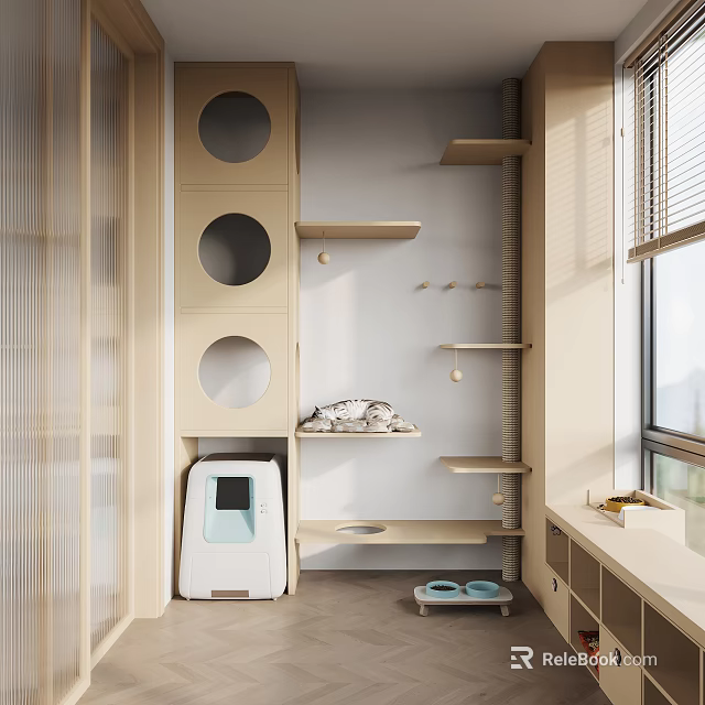 Practical Living Supplies Area With Resting Cat Litter Box Bowls Wooden Shelves And Circular Cabinet 3d model 