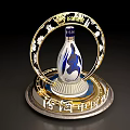 Elegant Decorative Ornament Set With Blue White Bottle Gold Circular Frame And Patterned Base Stand 3d model