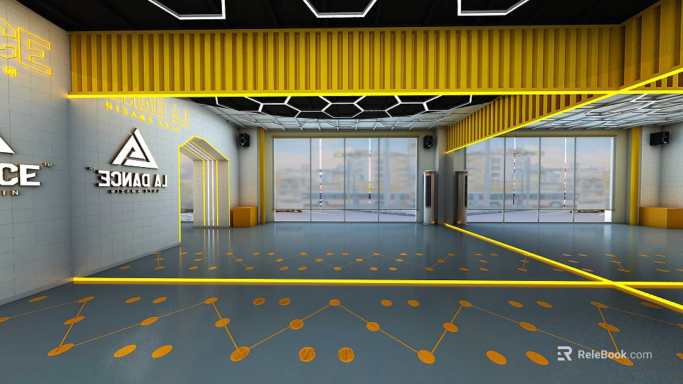 Spacious Fitness Gym Interior With Yellow Accents Large Windows And Floor Markers 3d model 