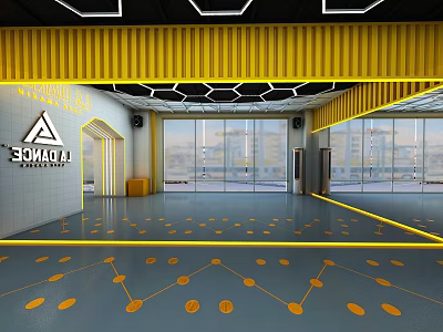 Spacious Fitness Gym Interior With Yellow Accents Large Windows And Floor Markers 3d model