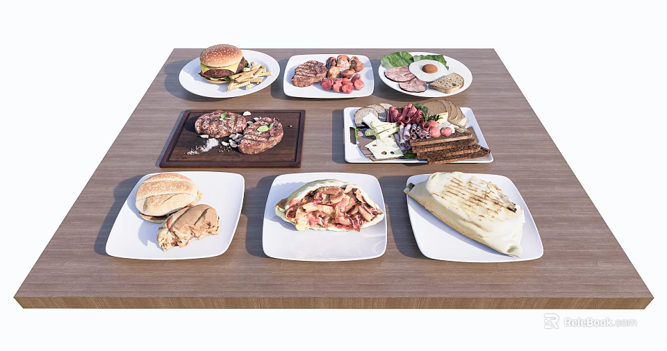 Assorted Delicious Food Plates Including Burger Steak Omelette Salad And Wraps On Wooden Table 3d model 