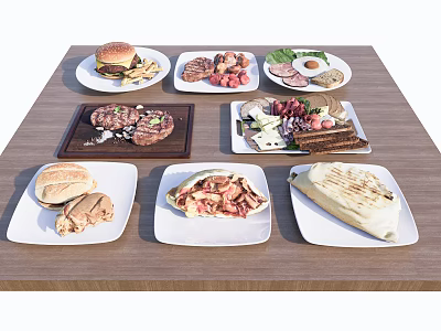 Assorted Delicious Food Plates Including Burger Steak Omelette Salad And Wraps On Wooden Table 3d model