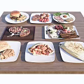 Assorted Delicious Food Plates Including Burger Steak Omelette Salad And Wraps On Wooden Table