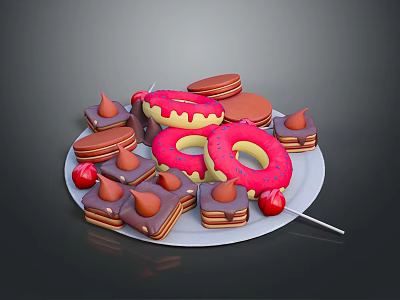 Assorted Sweet Desserts with Pink Donuts Mini Cakes Chocolate Bars and Cherries on White Plate 3d model