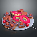 Assorted Sweet Desserts with Pink Donuts Mini Cakes Chocolate Bars and Cherries on White Plate