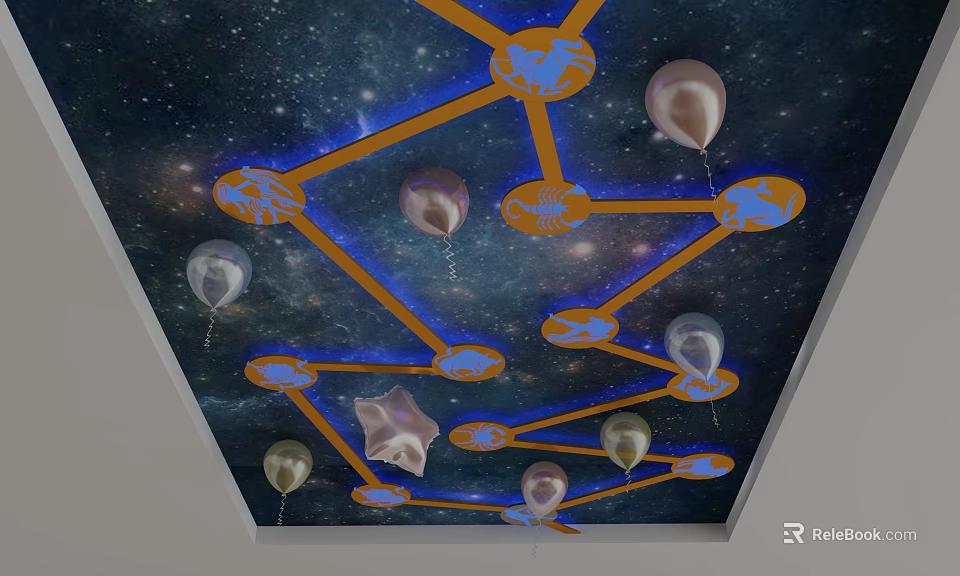 Starry Sky Ceiling Design With Orange Blue Lines Planet Patterns And Hanging Balloons 3d model 