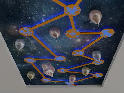 Starry Sky Ceiling Design With Orange Blue Lines Planet Patterns And Hanging Balloons 3d model