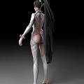 Futuristic Woman in White Bodysuit with Gold Accents and Cybernetic Body Design