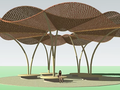 Tensile Membrane Outdoor Structure With Umbrella Like Roof Supporting Columns And Person Sitting On Platform 3d model