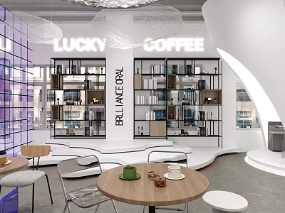 Lucky Coffee Cafe Modern Interior With Bookshelves Round Wooden Tables Chairs And White Pendant Lights 3d model