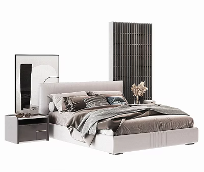 Modern Double Bed With Upholstered Headboard Pillows Blanket Nightstand Wall Art And Room Divider 3d model