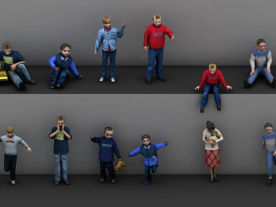 Group of Children in Different Poses and Various Outfits on Gray Background 3d model