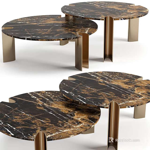 Elegant Modern Tea Table and Chairs with Marble Top and Brass Legs 3d model 