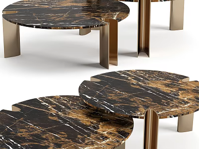 Elegant Modern Tea Table and Chairs with Marble Top and Brass Legs 3d model