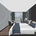 Modern Hotel Room Interior With Geometric Lines Blue Ambient Lighting Twin Beds Sofa And Desk