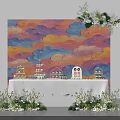 Tea Break Area Featuring Colorful Cloud Wall White Table Miniature Building Models And Flower Decorations