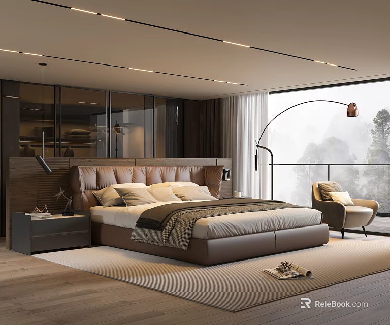 Elegant Modern Bedroom Interior With Brown Leather Bed Wooden Nightstands And Floor Lamp 3d model 