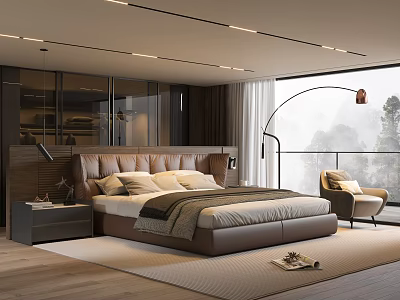 Elegant Modern Bedroom Interior With Brown Leather Bed Wooden Nightstands And Floor Lamp 3d model