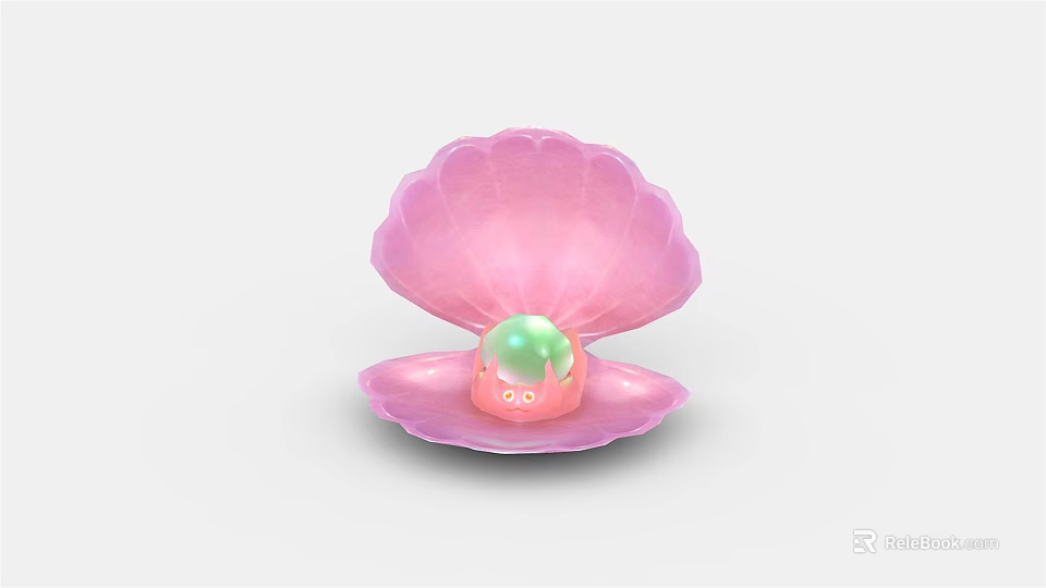 Pink Open Shell With Green Glowing Pearl And Cute Biological Character Inside 3d model 