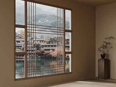 Serene Room Interior With Large Window Lake View Traditional Buildings Mountains Vase And Wooden Cabinet 3d model
