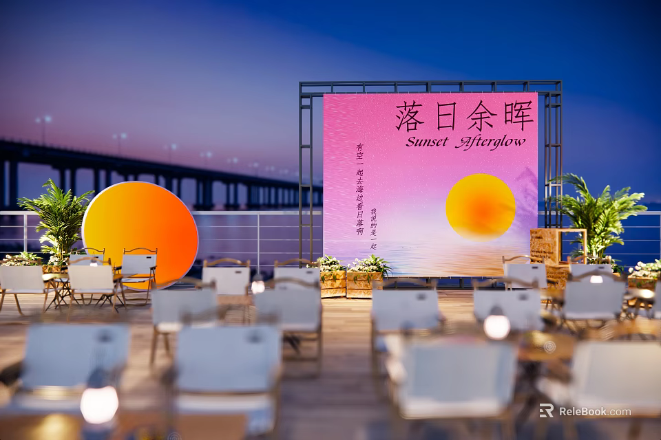 Sunset Splendor Outdoor Dining Space With Tables Chairs Bridge And Water View 3d model 