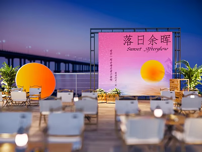 Sunset Splendor Outdoor Dining Space With Tables Chairs Bridge And Water View 3d model