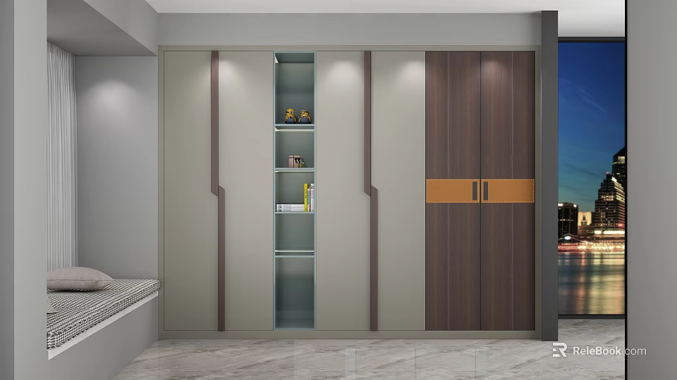 Contemporary Wardrobe With Sliding Doors Glass Display Shelves And Decorative Items 3d model 