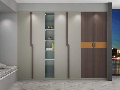 Contemporary Wardrobe With Sliding Doors Glass Display Shelves And Decorative Items 3d model