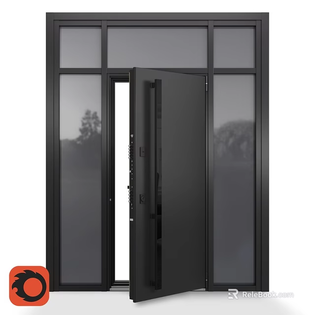 Modern Black Swing Door With Glass Panels And Metal Frame For Interior Use 3d model 