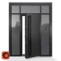 Modern Black Swing Door With Glass Panels And Metal Frame For Interior Use