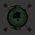 Vintage Green Rusty Industrial Equipment With Cylindrical Body Four Legs And Vertical Pipe
