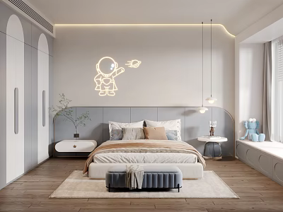 Modern Kids Room Interior with Astronaut Light Bed Storage Cabinets Stuffed Toy and Bay Window 3d model