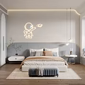 Modern Kids Room Interior with Astronaut Light Bed Storage Cabinets Stuffed Toy and Bay Window
