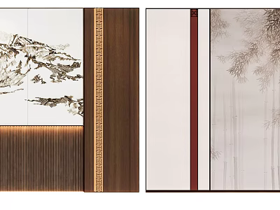 Sofa Background Wall Design With Mountain Landscape Bamboo Pattern Wooden Frame And Golden Strip 3d model