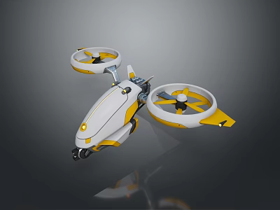 Futuristic White and Yellow Drone with Dual Large Rotors Aerodynamic Streamlined Body and Landing Wheels 3d model