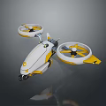 Futuristic White and Yellow Drone with Dual Large Rotors Aerodynamic Streamlined Body and Landing Wheels