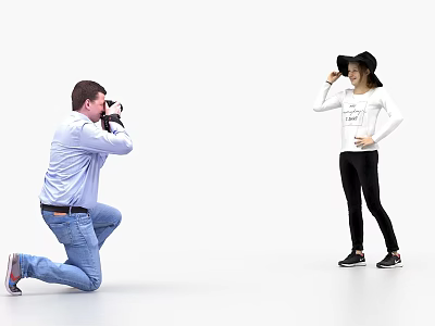 Man Kneeling Holding Camera Taking Photos Of Woman Posing With Hat 3d model