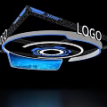 Modern Exhibition Hall Ceiling Design With Circular Ring Structure Blue Lighting And LOGO