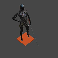Futuristic Humanoid Robot Character With Metallic Body Blue Eyes And Red Accents On Black Background