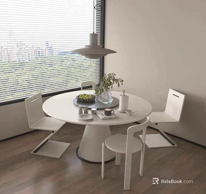 Modern Round Dining Table Set With White Chairs Green Plants And Window View Interior 3d model