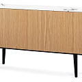 Modern Oak TV Stand With Storage Drawers And Black Metal Legs Design