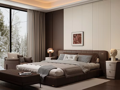 Modern Bedroom Interior With King Bed Gray Bedding Nightstand Lamp Red Painting Window Snowy View 3d model