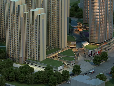 Modern High Rise Residential Buildings with Green Spaces Commercial Facilities and Road Network 3d model